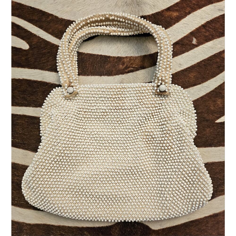 Vintage 1950's Lumered Corde Bead Ivory Floral Beaded Purse Clutch